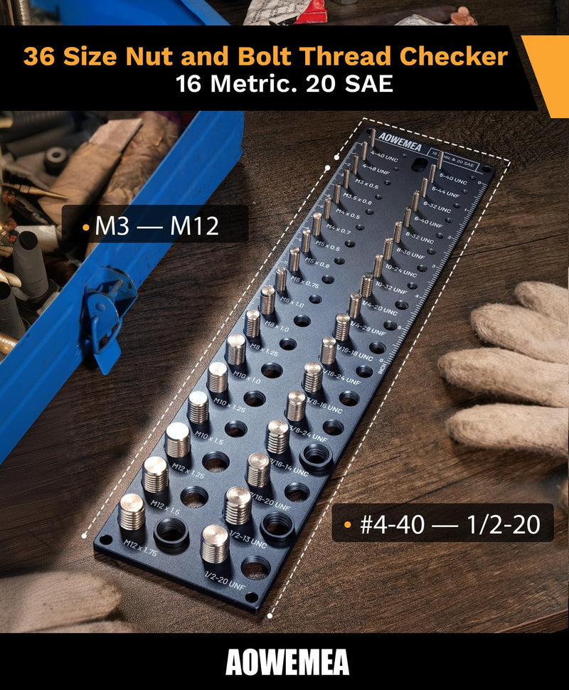 36-Size Nut and Bolt Thread Checker, 20 SAE & 16 Metric Thread Gauge, Thread Checker Standard and Metric, Bolt Size Finder Tool for Nuts, Bolts, Screws, Wall Mounted Identifier Gauge 36 Thread Checker-36S