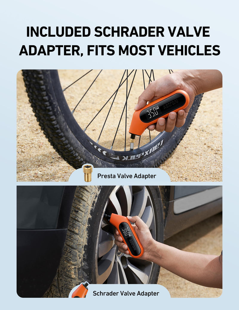 AstroAI Tire Pressure Gauge Digital 3-300PSI Large Screen with Backlight and Flashlight, ANSI 2A High Accuracy, Compatible with Schrader Valves, 4 Units, Presta Valve Adapter Included, AAA Batteries Orange