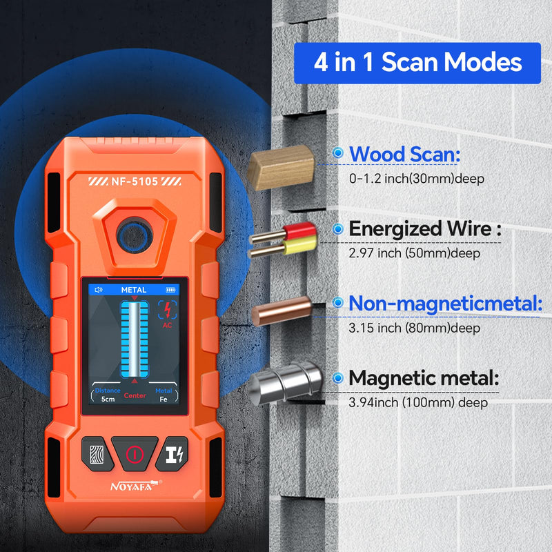 NOYAFA Rechargeable Stud Finder Wall Scanner, 6 in 1 Electronic Wall Detector | Positioning Hole HD LCD Display, Audio Alarm, Accurately Detects Wood, Metal Studs, Live AC Wires, Joists and Pipes Orange