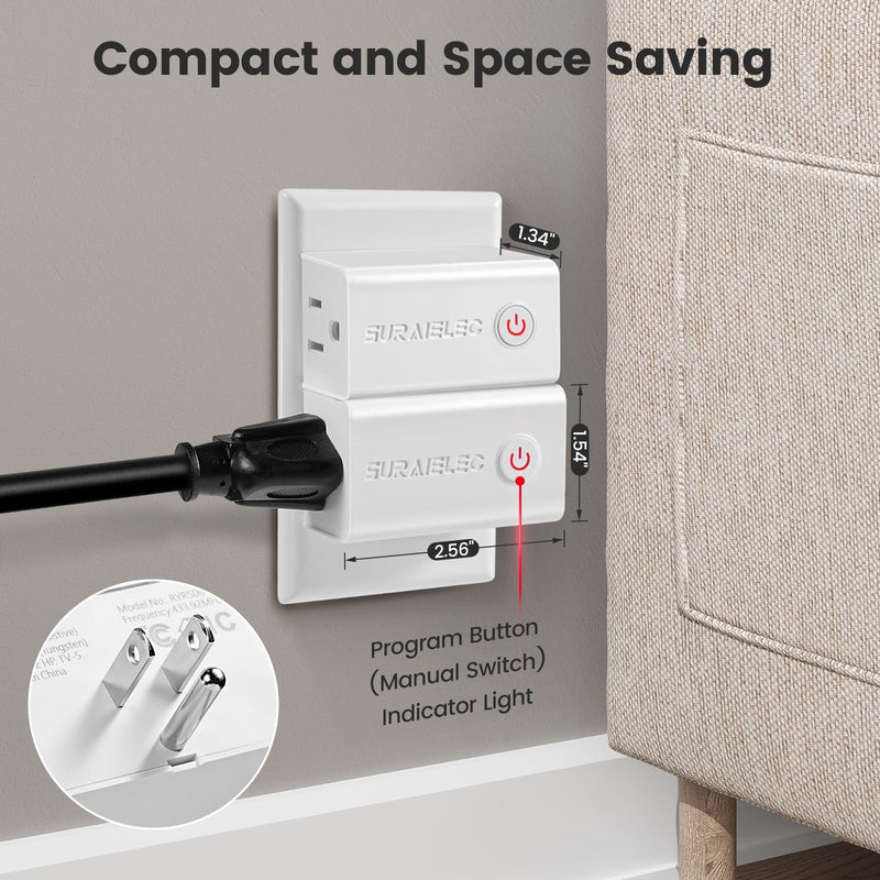SURAIELEC Remote Control Outlet, Wireless Remote Light Switch, 100 FT, 15A/1875W, Expandable Indoor Compact Side Outlet Plug for Lamps, Fans, Christmas Trees, Small Appliances, 5 Outlets + 2 Remotes White Handhold Remote 5 Outlets