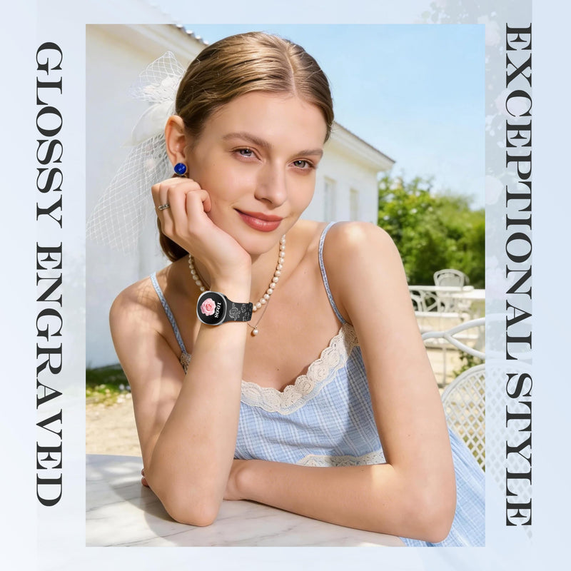 Floral Bands for Samsung Galaxy Watch 9 8 40mm 44mm Watch 8 Classic 46mm | Glossy Floral Engraved, Soft Waterproof Silicone, Sport Strap for Galaxy Watch 9 Band Women Men, Ideal for Workout Office Black