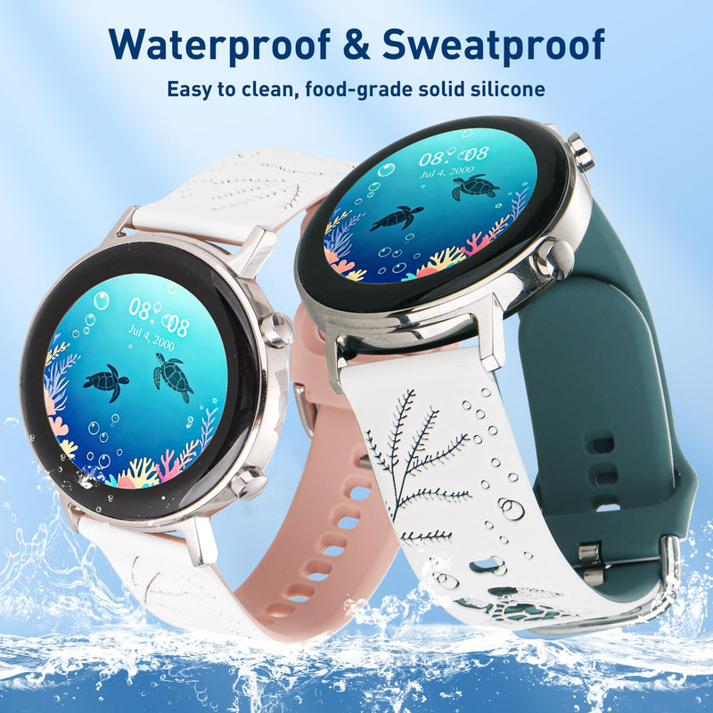 Sea Turtle Engraved Bands for Samsung Galaxy Watch 9/8/7/6/5/4 (40mm/44mm) | Soft Cute Silicone Sport Band for Galaxy Watch 3(41mm)/5 Pro(45mm) Active 2(40/44mm) Garmin Vívoactive 6/5/3 Amazift Active 2 White/Pine Needle Green