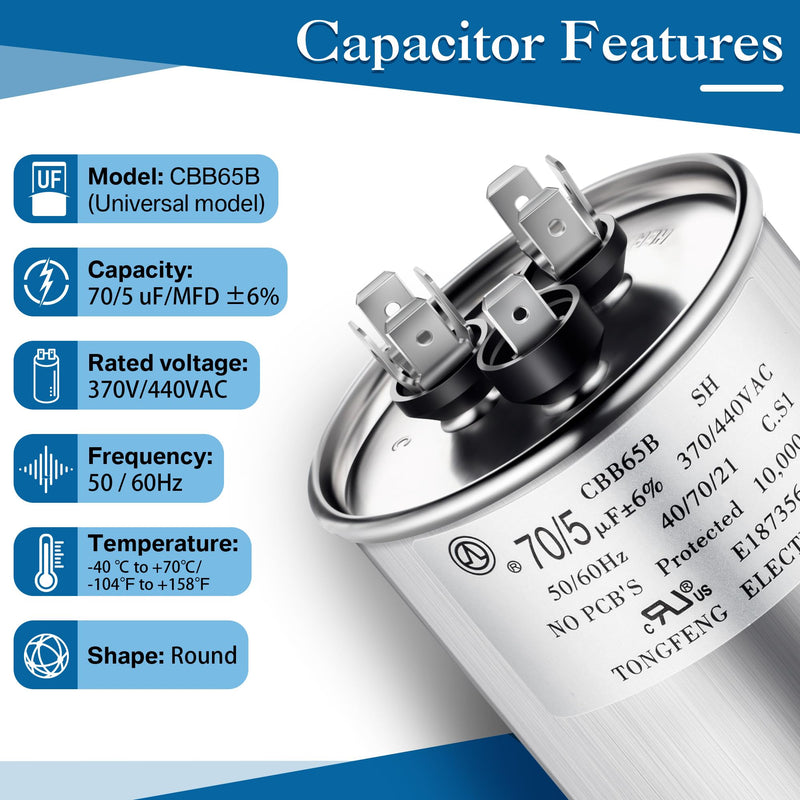 Umigy 2 Pack 70/5 uF 70+5 MFD 370/440VAC Dual Run Round Capacitor, CBB65B Air Conditioner Capacitors for AC Motor Run, Condenser Straight Cool, Heat Pump, Fan Start, Pool Pump, HVAC Capacitor 70+5 uF