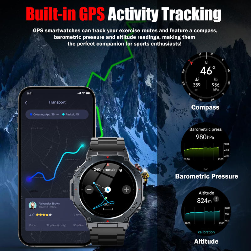 Jugeman Military Smart Watch for Men GPS with LED Flashlight-Dark Black | 1.43" AMOLED Display, 5ATM Waterproof, Compass, Fitness Tracker, Heart Rate/Sleep/Blood Oxygen, Watches for Android/iPhone