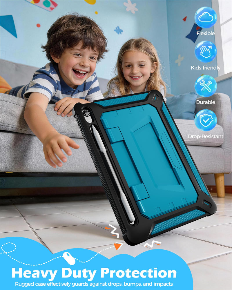 ProCase Kids Case for 11" iPad (A16) & 10.9" iPad 10th Gen, Blue&Black | 180° Adjustable Kickstand with Pencil Holder, 3-Layer Heavy Duty Rugged Shockproof Hard Shell Cover Black & Blue