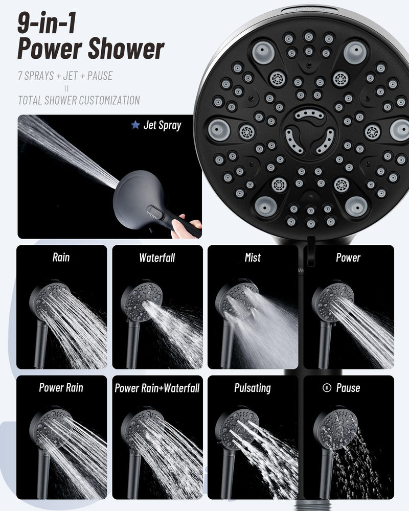 Filtered Handheld Shower Head for Hard Water, High Pressure Showerhead with 7 Spray Modes, Power Jet & Pause, Detachable & Adjustable for Healthier Skin & Hair - Matte Black (VMASSTONE HM-003)
