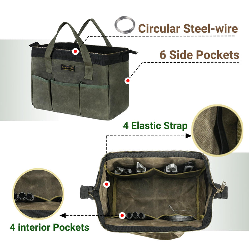 13-inch Tool Bag, Heavy Duty Wide Mouth Water-Resistant Tool Bag, Tool Tote with Handle for Tools, Wrenches, Screwdrivers (13 X 7 X 9 inch) | ArmyGreen 13 Inch
