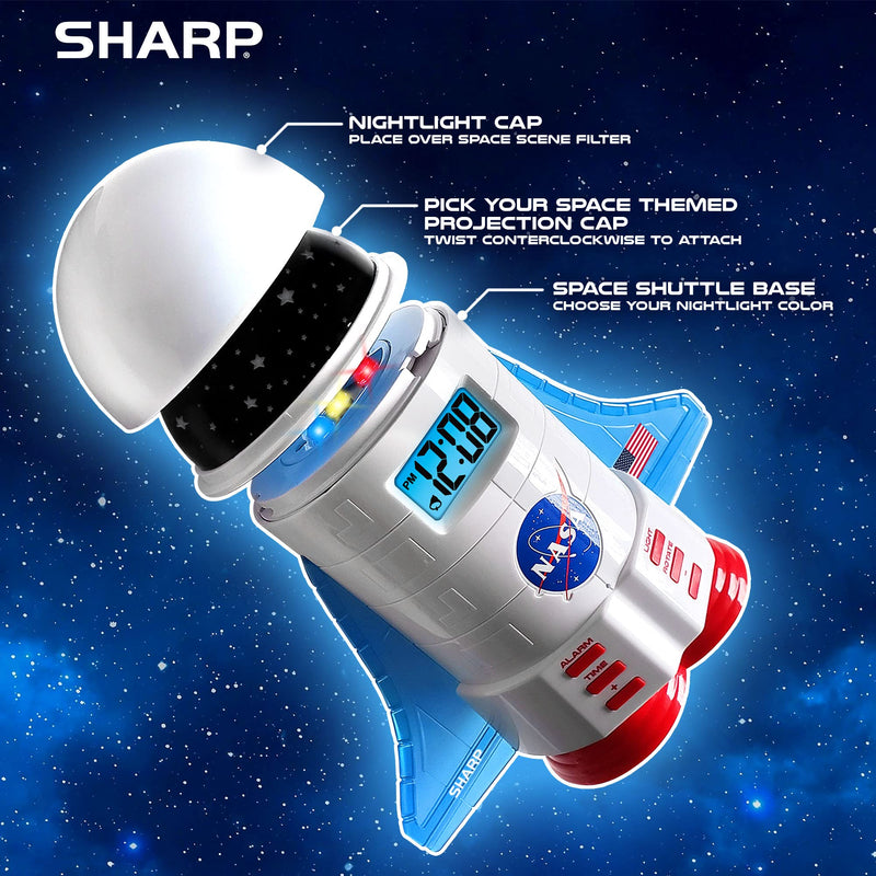 Sharp NASA Space Shuttle Night Light Alarm Clock – Wings and Booster Lights Up – Space Design Nightlight Fun with 4 Color Options and 2 Space Themes for Bedroom, Great Gift!