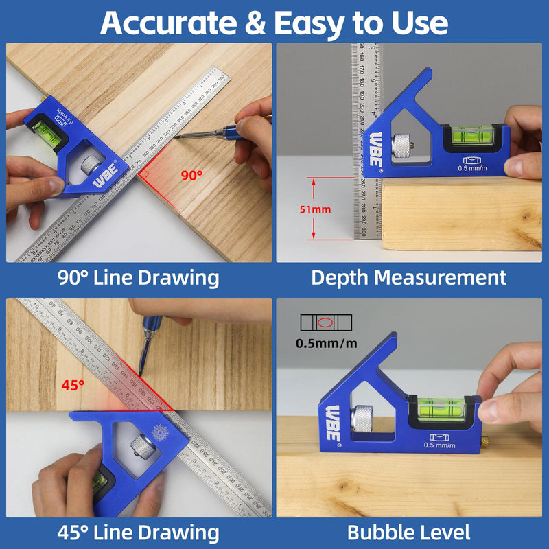 7inch Rafter Square and 12inch Combination Square Set -CNC-Machined Aluminum Alloy,Heavy Duty Carpenter Square for Woodworking and Home DIY Blue