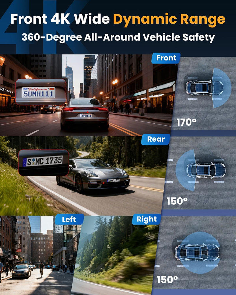 4K Dash Cam Front and Rear, WiFi Dash Camera for Cars with App | 4K+1080P*3 FHD Dash Cam, 64G Card Included, G-Sensor Emergency Lock, 8 IR Lamps Night Vision, 24H Parking Monitor, Black