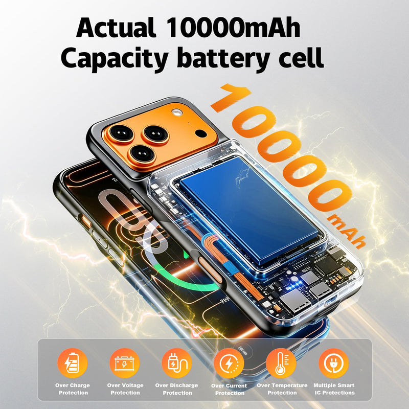 New 10000mAh Rechargeable Portable Battery Case with Wireless Charging Case Extend Battery Pack Charger Cover Compatible for iPhone 17 Pro Max (6.9 inch) Black