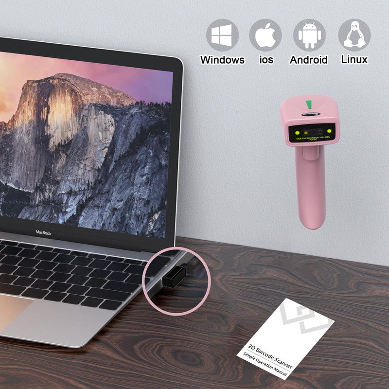 USB Wireless Barcode Scanner,Symcode Handheld Laser 1D Bar Code Reader Scanner (2.4GHz Wireless & USB2.0 Wired) Rechargeable Cordless 1D Barcode Scanner Wireless 1D Wireless Scanner Pink