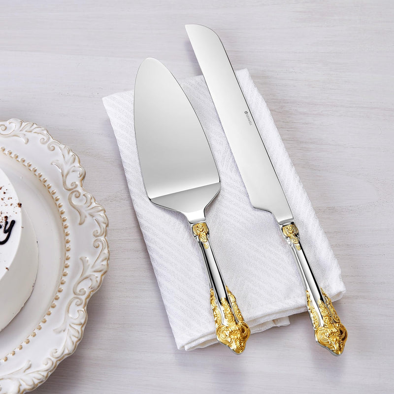 KEAWELL Gorgeous Wedding Cake Knife and Server Set, 18/10 Stainless Steel, Fine Luxury Cake Cutting Set (Gold Accent) Gold Accent
