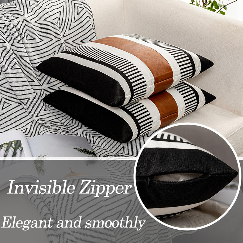Set of 2 Boho Decor Faux Leather and Cotton Throw Pillow Covers 24x24 Rustic Canvas Cushion Cover Black White Farmhouse Stripe Pillow Case for Sofa Couch Chair Bedroom 24" x 24" (Pack of 2)