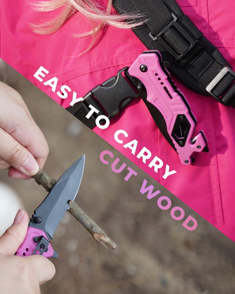 Elegant Pink EDC Pocket Knife for Women, 3 Inch Serrated Blade with G10 Handle and Seatbelt Cutter, Perfect for Hiking, Camping and Everyday Confidence