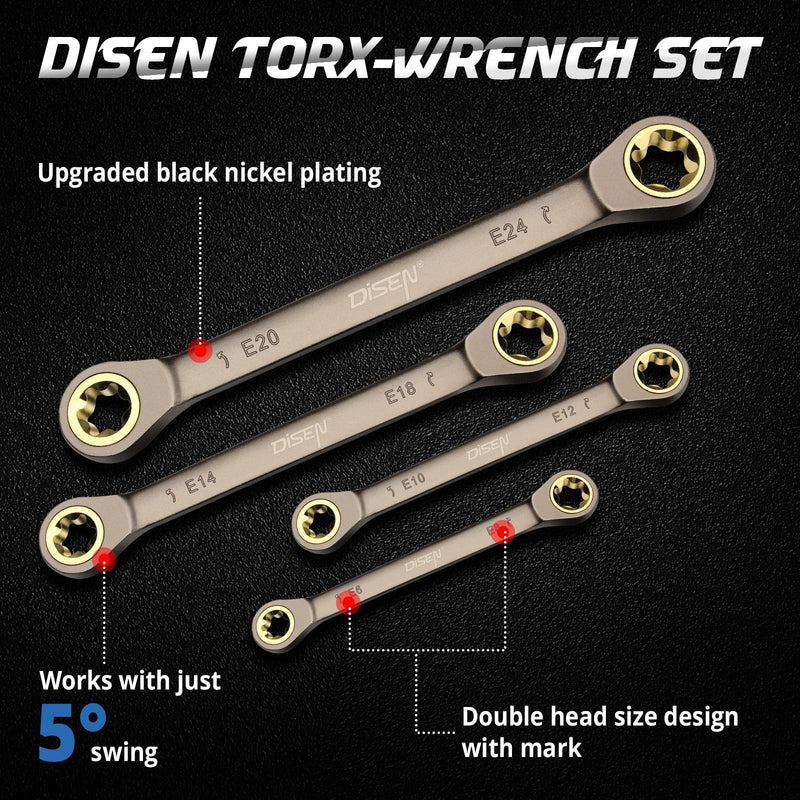 DISEN Upgraded 4-Piece E-Torx Double Box Ratcheting Wrench Set, 72-Tooth Black Nickel Plated, Dual Head E6E8/E10E12/E14E18/E20E24 with Storage Pouch