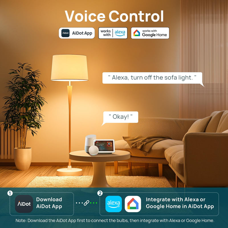 Linkind Smart Light Bulbs, Warm White to Daylight (2700K-6500K), Alexa Light Bulbs, Work with Alexa, Google Home, AiDot, 60W Equiv, Efficient 8.5W, 2.4G WiFi Bluetooth LED CRI>90, A19 E26 800LM, 4Pack 4 Pack Non-Matter-enabled