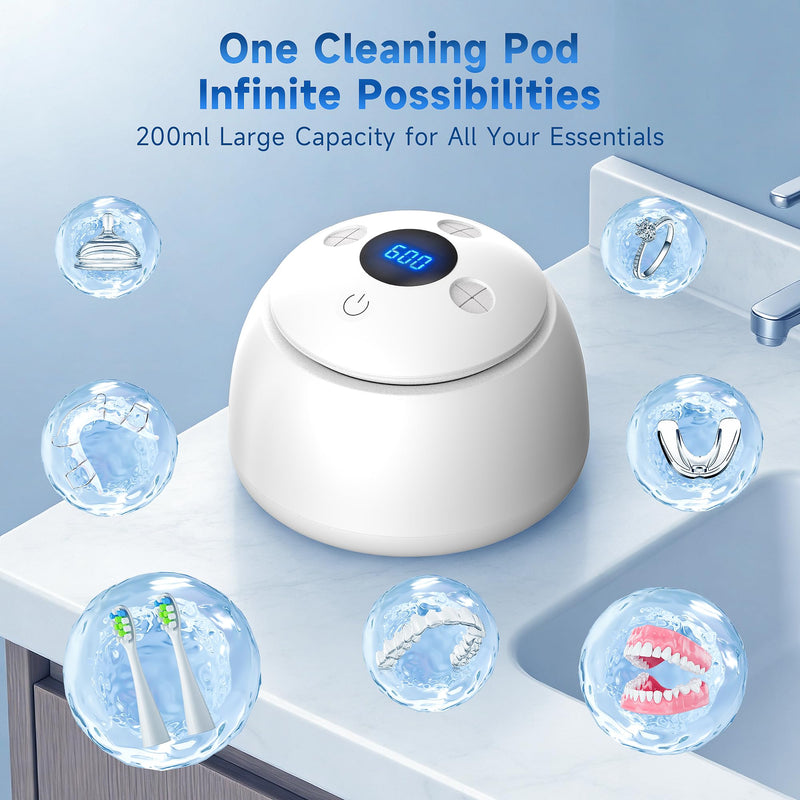 Ultrasonic Retainer Cleaner with UV Light - 45kHz Deep Cleaning Pod for Dentures, Aligners, Night Guards - Includes Cleaning Brush, 200ml Capacity (White) white