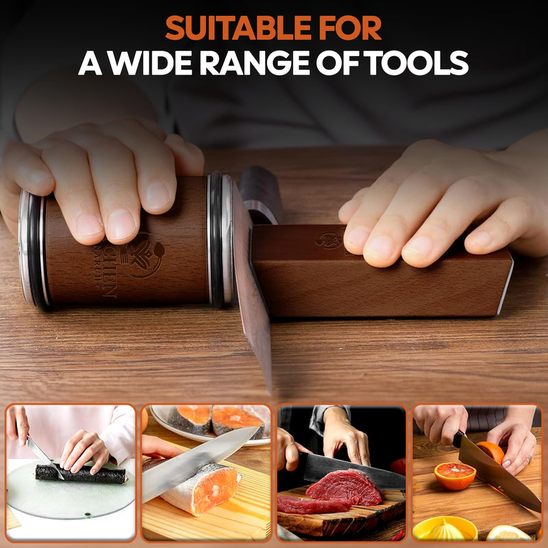 Rolling Knife Sharpener - Knife Sharpening Kit for Kitchen Knives - Leather Strop, Manual Knife Sharpener with Diamond & Ceramic Discs, 15° & 20° Angles - Perfect for Home & Kitchens