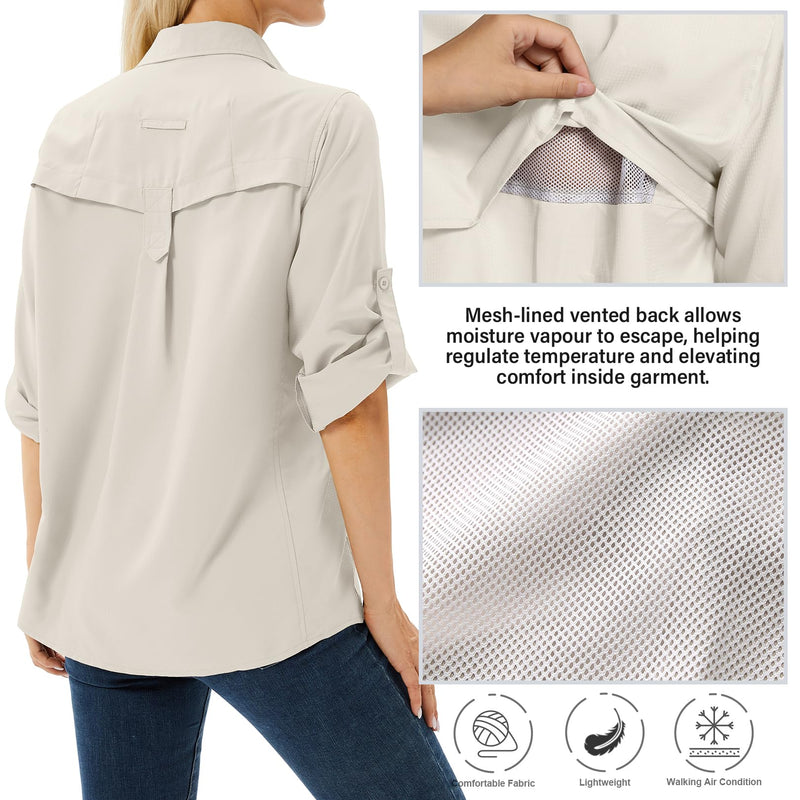 Women's UPF 50 Long Sleeve Sun Protection Shirts Safari Fishing Hiking Large Light Khaki