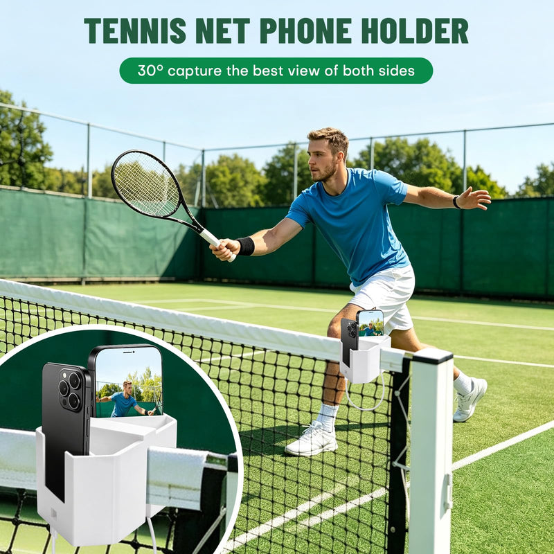 Tennis Net Phone Holder - Portable Camera Mount with Charging Port Cutout for Net & Fence - Dual Holders for Pickleball Badminton