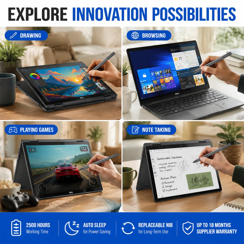 Active Pen for Dell 2-in-1 Touchscreen Laptop, MPP Stylus, Palm Rejection | 1024 Pressure Level, Palm Rejection, Dual Shortcut Buttons, 2500-Hour Battery for Inspiron 5379/7586, Latitude 3190/3390/7230 Black