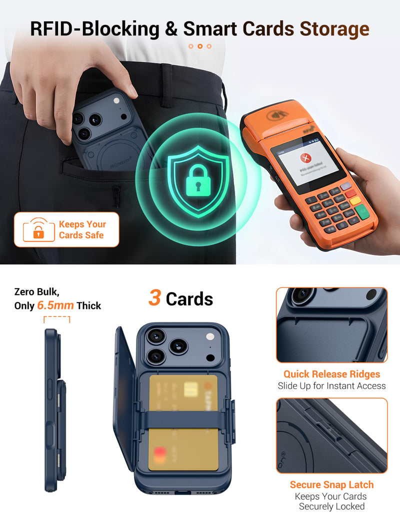 PROfezzion for iPhone 17 Pro Case Wallet 3-Card Holder with MagSafe, Blue | Accepts Wireless Charging, RFID Blocking, Secure Locking Latch, Kickstand, Fits MagSafe Mount Stand Grip, Drop Protection