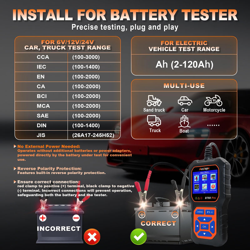  [AUSTRALIA] - BT60 Pro Acclope Car Battery Tester with Cloud Printing 100-3000 CCA 6V 12V 24V AGM Lithium Gel Battery Checker Automotive Alternator Digital Analyzer Charging Cranking System Vehicles Truck Home-use