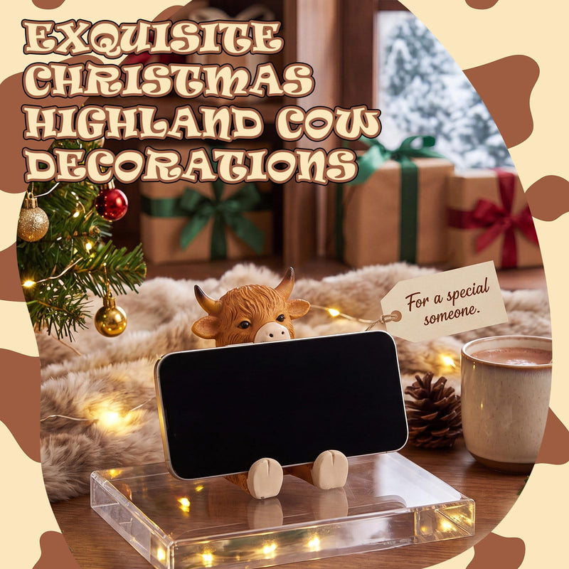 Highland Cow Phone Stand for Desk, Resin Cow Figurines Phone Holder | Cute Animal Desktop Statues, Western Cow Desk Accessories with Stable Base for Home Office Table Decor Friends Gifts Brown