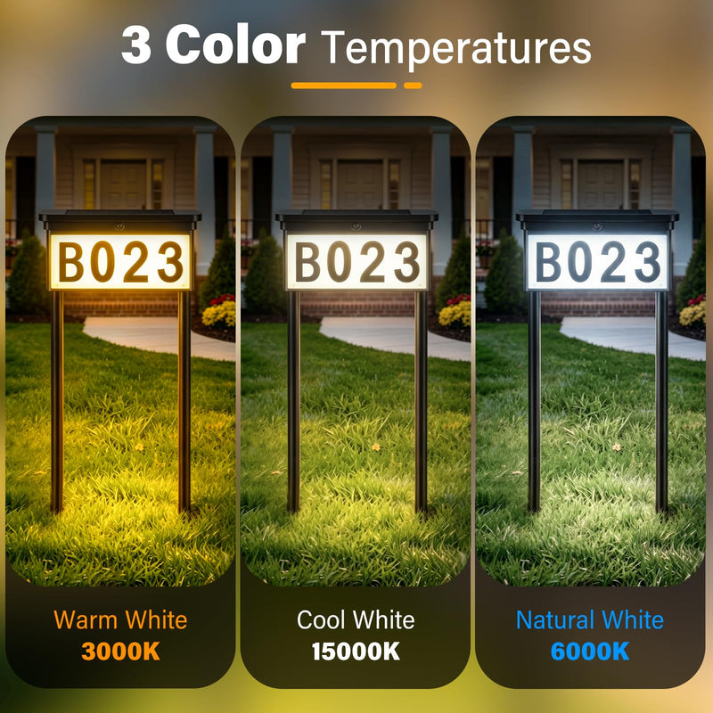 Solar Address Sign for Yard, Double-Sided Lighted House Numbers with 3 Color Modes, 3-in-1 Mounting (Stake、Wall or Mailbox), Waterproof LED Address Plaque, 4 Sets Numbers & Letters, 1 Pack