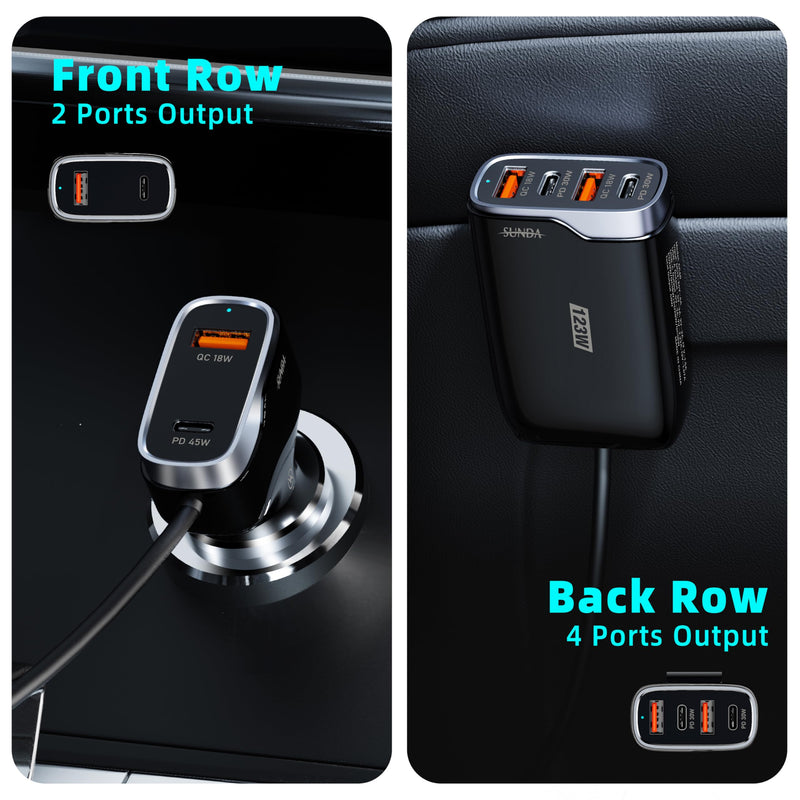6 Multi Ports USB C Car Charger, 123W Fast Car Charger Adapter, PD 45W Compatible with iPhone16/Galaxy/Samsung S24, Type C Cigarette Lighter USB Charger with 5.7FT Cable for Rear Seat Charging(Black) CC60-Black 123W
