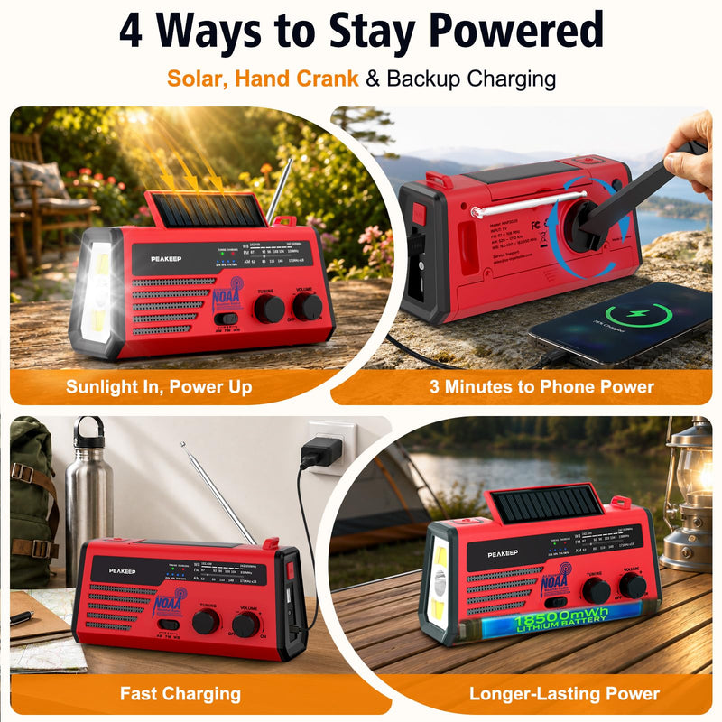 Peakeep NOAA Emergency Weather Radio Alert with Crank Solar Battery Powered | Portable Radio AM FM, Rechargeable Battery Backup, SOS, Flashlight Lamp USB Port for Home Outdoor Camping Storms Blackouts Red with Black