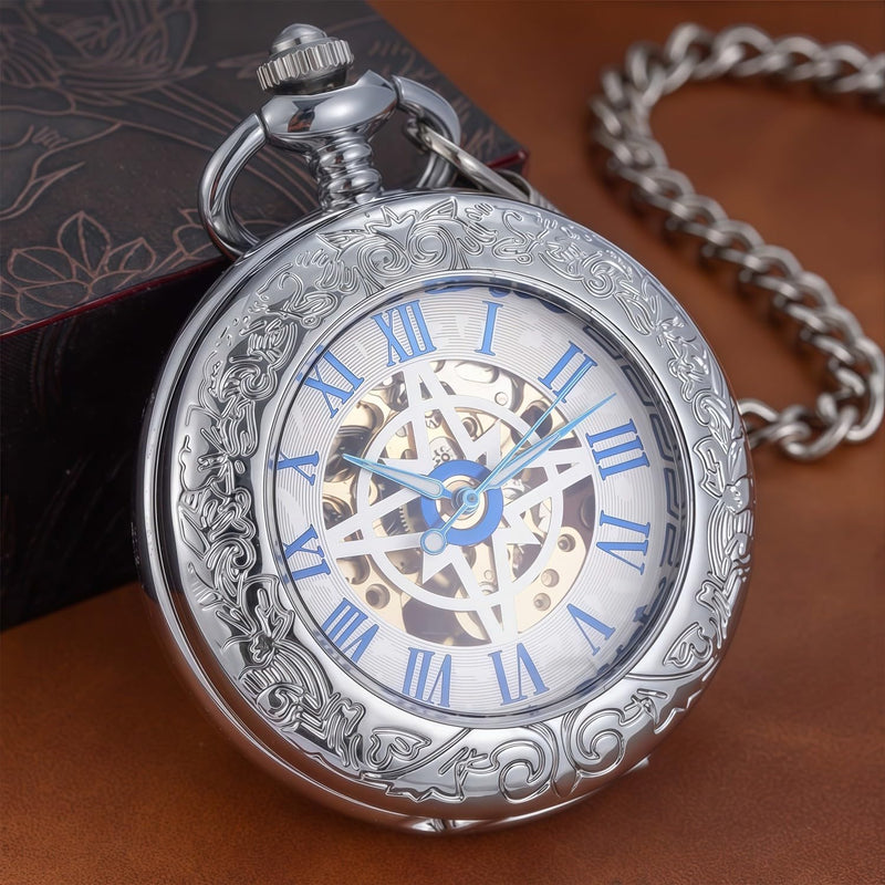 Mechanical Pocket Watch, for Men Women Special Magnifier Half Hunter Engraved Case Roman Numerals with Chain B-f. Compass, Silver, Blue + Wood Box