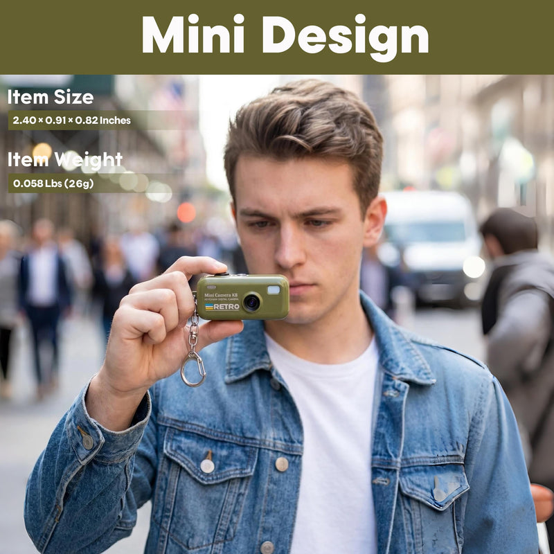1080P Keychain Camera with 8GB Card, Retro 2MP Mini Digicam | Built-in 12 Filters and 16X Zoom, Rechargeable Battery, Ideal Gifts for Teens & Adult Beginners (Army Green) Army Green