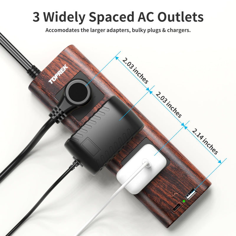 Power Strip Surge Protector (1800J) – 10FT Extension Cord with Ultra Thin Flat Plug, 3 Widely-Spaced Outlets, 1 USB-C & 1 USB-A Port, Wood Finish Power Strip with USB for Home, Office or Dorm Walnut Wood Grain