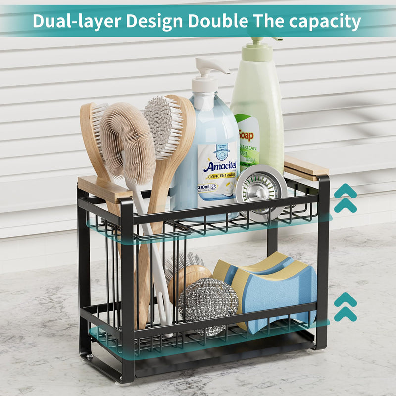 Sink Caddy Organizer with Wooden Handle, 2-Tier Rustproof Metal Sink Organizer Non-Slip Suction Cups, Multi-Functional Storage for Sponge, Soap Dispenser, Kitchen and Bathroom Countertop Accessories 2 Tier Black
