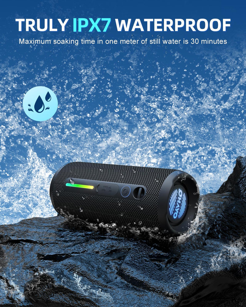 OHAYO Portable Bluetooth Speaker, IPX7 Waterproof, 24W Stereo, LED Lights | IPX7 waterproof, 30H playtime, TWS pairing, RGB lights, Bluetooth 5.3 - pool, beach, camping, shower Black