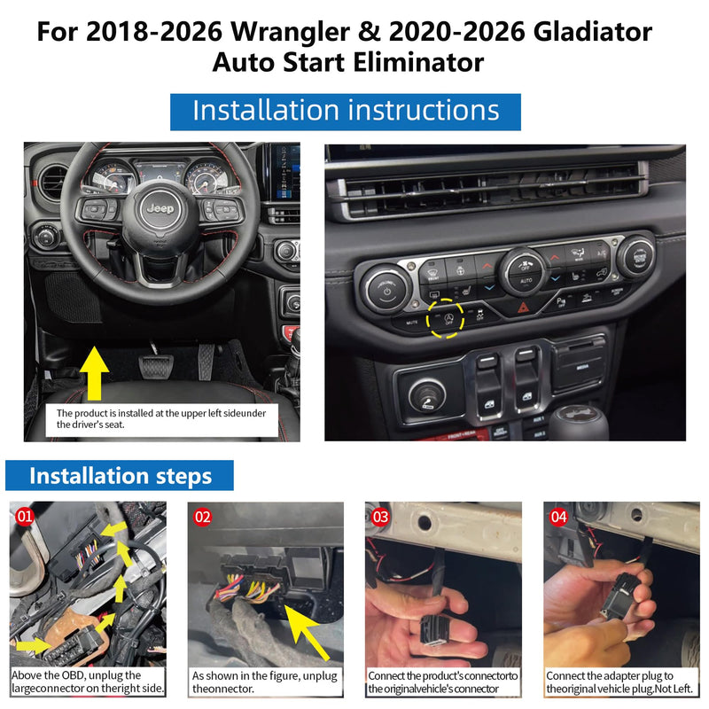 Auto Stop Eliminator for Wrangler JL JLU 2018-2026 Gladiator JT 2020-2026 | Plug Play Auto Start Stop Eliminator Installed Below of Steering Wheel, Memory Module Cancels Auto Stop Disable, Not Fit 4XE 2018-2026 Wrangler & 2020-2026 Gladiator