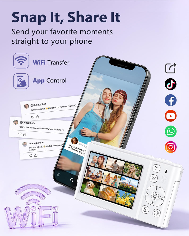8K Digital Camera, 96MP WiFi Camera for Photography with Dual Screen(White) | Autofocus, Anti-Shake, 16X Zoom, Vlogging Point Shoot Camera for Teens, Beginners, Travel, 2 Batteries, 32GB Card White