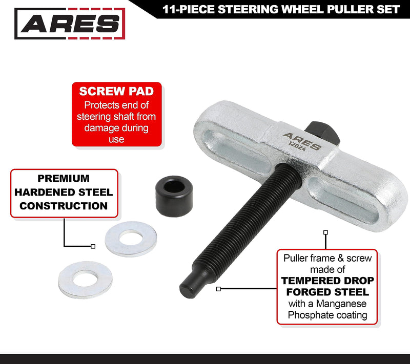 ARES 12024-11-Piece Steering Wheel Puller Set - Use on Vehicles with 4-Inch Hubs - Tempered Drop Forged Steel Construction 11-Piece Steering Wheel Puller Set
