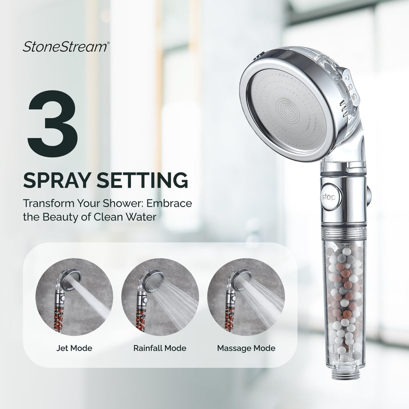Original StoneStream EcoPower High Pressure Handheld Shower Head with ON OFF switch- 3 Spray Settings with Hose, Wall Adapter and Replacement Beads 4-in-1 Shower Head Kit