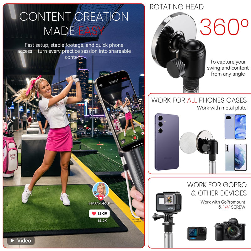 Golf Monopod Stick, Integrated Design Magnetic Tripod Selfie, Phone Holder | All-In-One Design, Ultra-Strong Magnetic Hold (3000g+), Smaller, Lighter, 360° Rotating Head, Adjustable Height