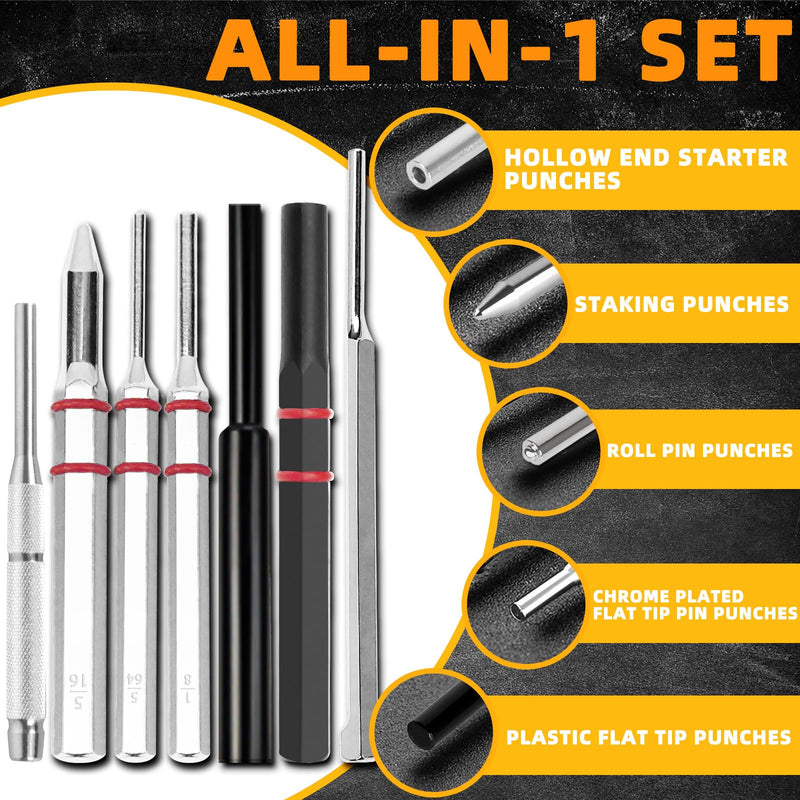 BESTNULE Roll Pin Punch Set, Punch Tools, Made of Solid Material Including Steel Punch and Hammer, Ideal for Machinery Maintenance with Organizer Storage Container (Without Bench Block) Without Bench Block