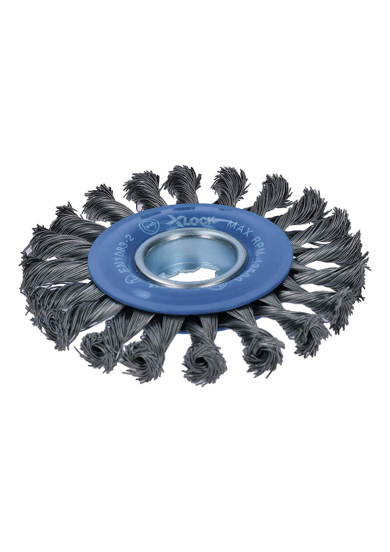 BOSCH WBX428 4-1/2 In. X-LOCK Arbor Carbon Steel Full Cable Knotted Wire Wheel For Applications in Difficult Brushing in Tight Places for Cleaning Welds Carbon Steel Wire Wheel 4-1/2 In.