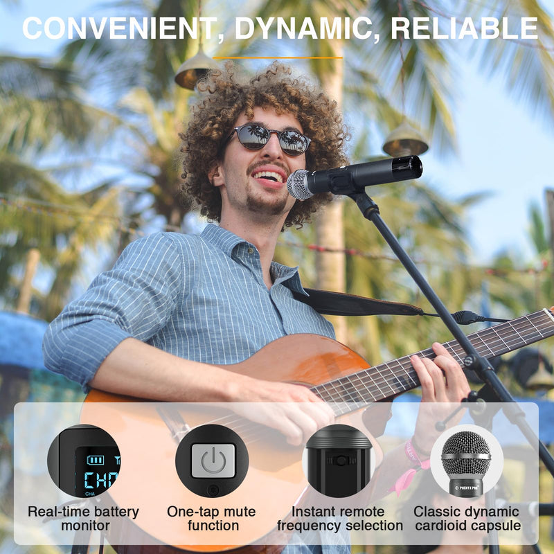 Phenyx Pro Dual Digital Wireless Microphone System, w/Handheld Dynamic Microphone, Bodypack Transmitter, Mini Receiver, 2x15 UHF Frequencies, Headset/Lapel Mic for Singing (PDP-2-1H1B)