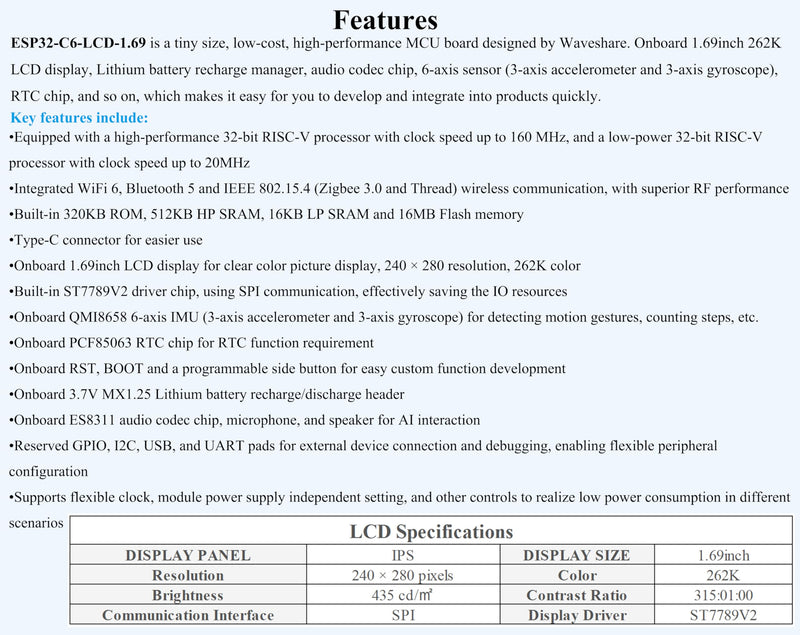 ESP32-C6 1.69inch LCD Development Board, 240x280 262K IPS LCD, Supports Wi-Fi 6 / BLE 5, 160MHz RISC-V Processor, ESP32 with Display, AI Speech, Support AI Voice Interaction, with Speaker
