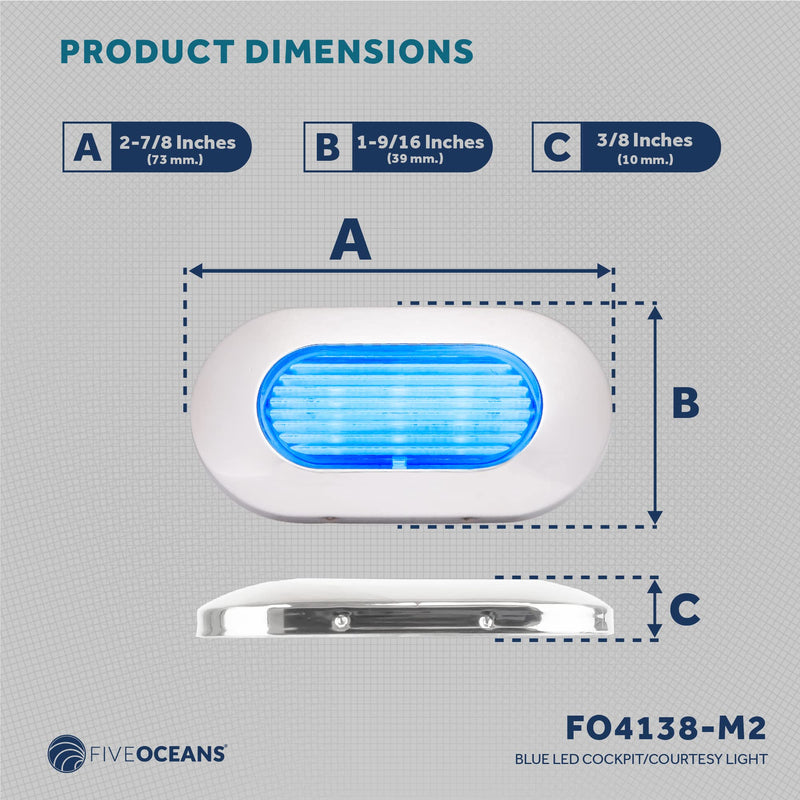Five Oceans 2-Pack Oblong LED Courtesy Light, Marine Lights for Boat Interior, Deck, Cockpit, Blue LED, IP67 Waterproof, 12V, for Pontoon, Fishing Boat, Yacht, RVs - FO4138-M2