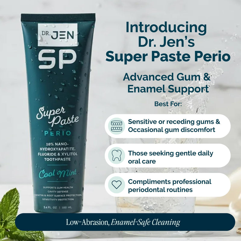 Dr. Jen Super Paste Perio Toothpaste, Cool Mint, Fluoride + 10% Premium Nano Hydroxyapatite, Xylitol, SLS Free, Low Abrasivity, Aloe + Calendula, Dentist Designed, Fresh Clean Feel, 1 Pack