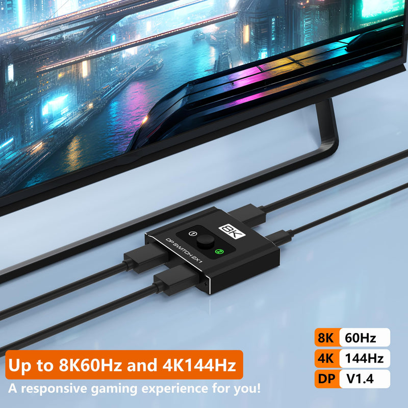 DisplayPort Switch 2 in 1 Out, 8K@60Hz DP 1.4 Switcher Selector Box, Unidirectional Display Port Switcher for Dual PCs & Gaming Consoles, 4K@144Hz DP Switch with DSC Support (DP Cables Not Included)