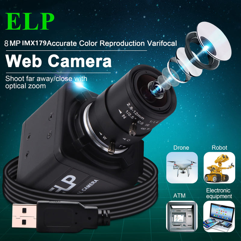 USB Camera 8MP 5X Optical Zoom Webcam 2.8-12mm Manual Varifocal Lens,USB Webcam with CMOS IMX179 Image Sensor Video Conference Web Cameras for Computer,Laptop, Raspberry Pi,Jetson Nano 2.8-12mm Varifocal Lens